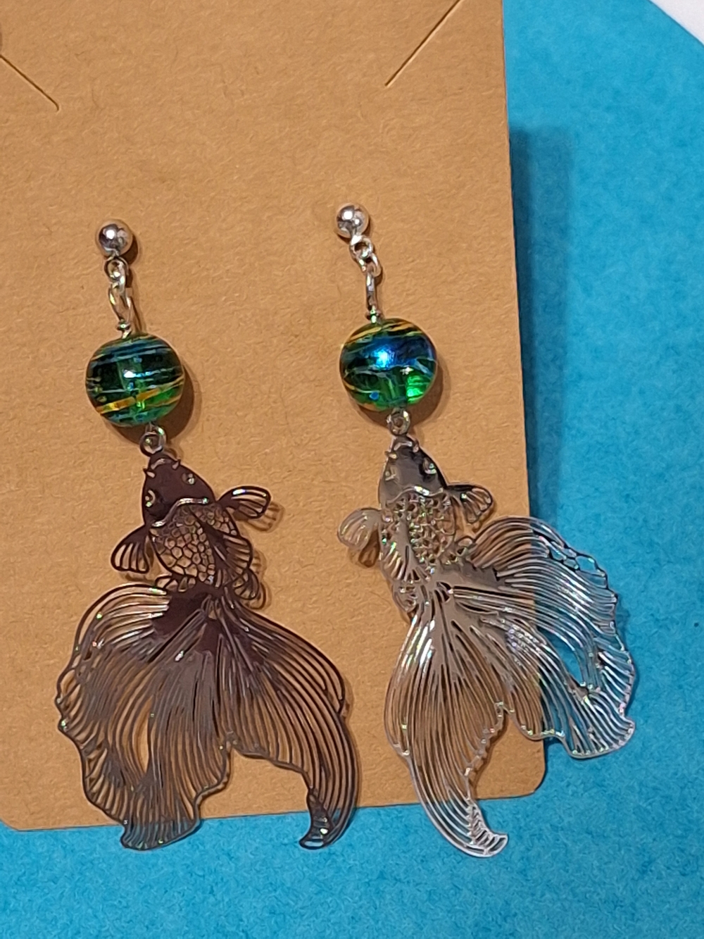 Green Glass Bead Silver Gold Fish Dangle Earrings